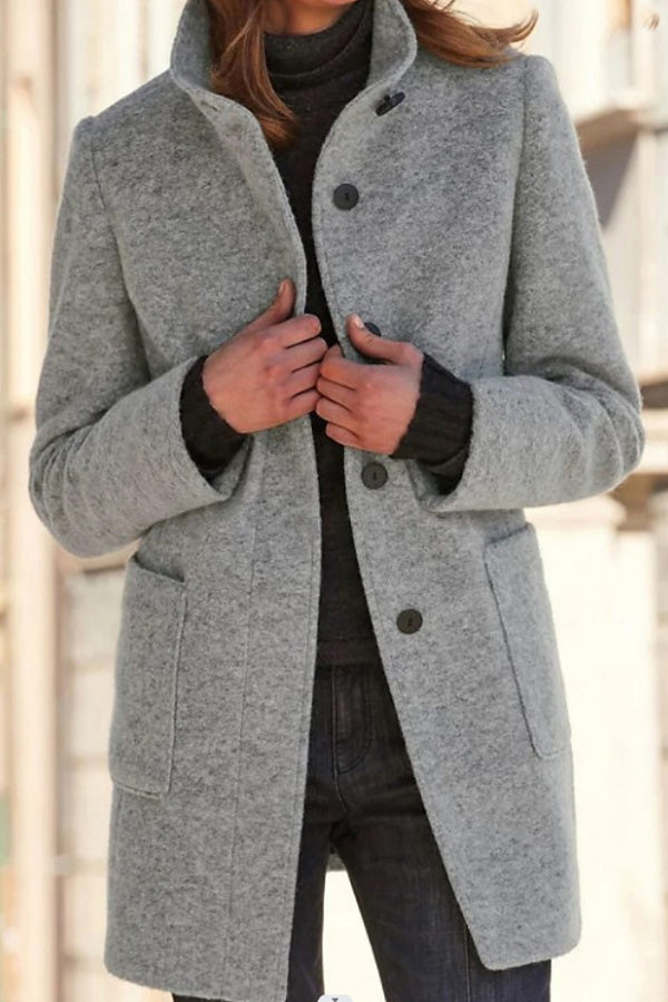 Retro Solid Color Button Stand Collar Wool Jacket