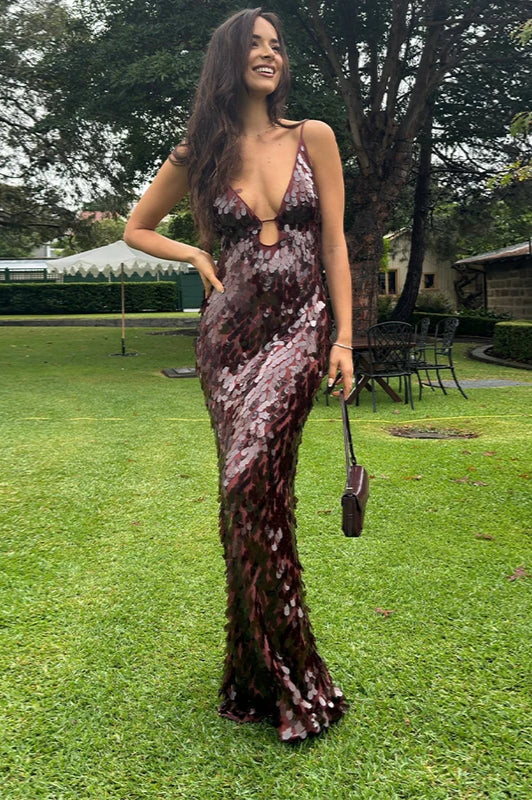 Sequin Paillette Spaghetti Strap Bust Cutout Mermaid Maxi Gown