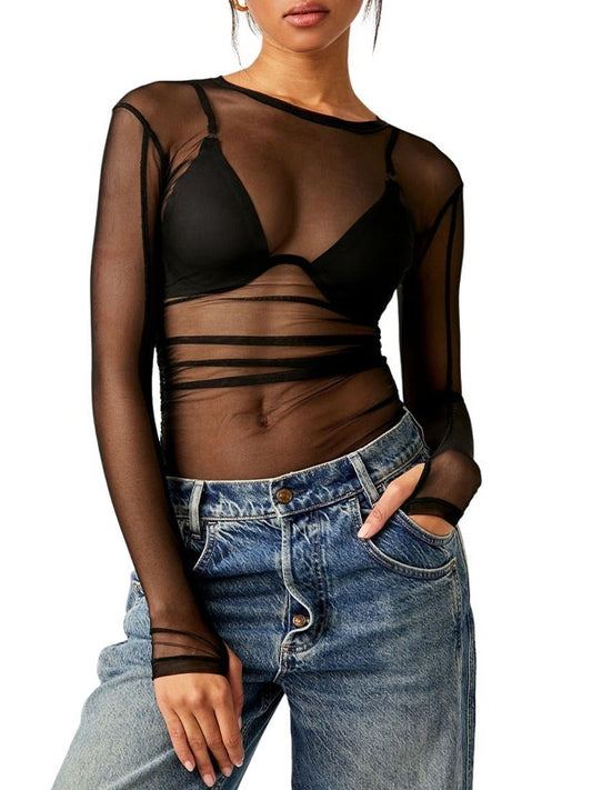 Transparent Mesh Long Sleeve Tee