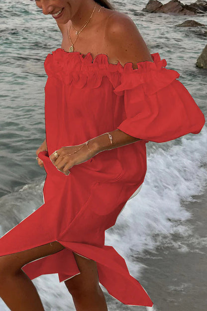 Linen Blend Off Shoulder Ruffle Puff Sleeve Pocketed Midi Dress