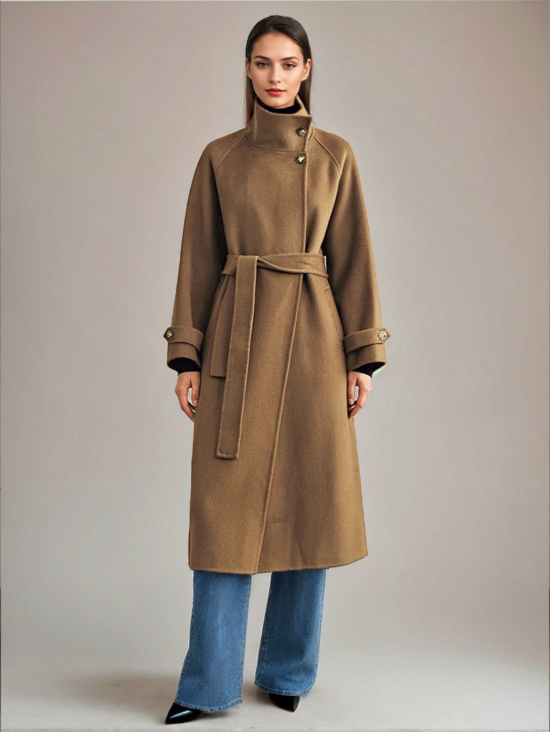 White Wool Cashmere Blend Coat Stand Collar Double-Faced Belted Winter Outerwear For Women 2026