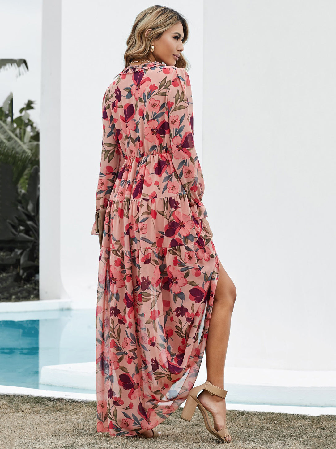 Floral Boho Maxi Dress For Women - High Waist Long Sleeve Ruffle V-Neck Gown - Spring Garden Wedding Guest 2026