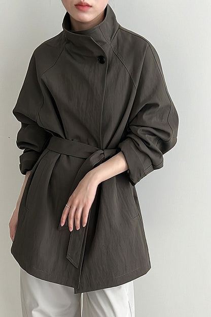 British-Style Stand-Collar Belted Mid-Length Trench Coat