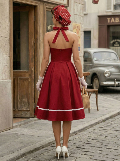 Retro Glamour Dress 1950s Style Burgundy Layered Buttons Sleeveless Sweetheart Neck Swing Dress