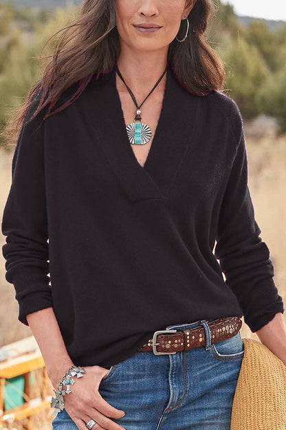V-neck pullover solid color loose long-sleeved top