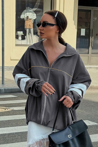 Color Blocking Loose Designer Mandarin Collar Coat