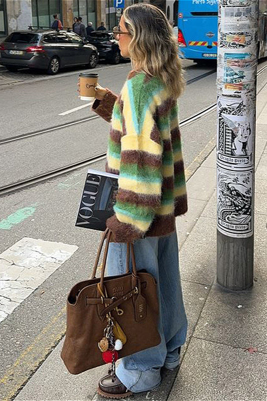Slouchy Colorful Striped Crewneck Loose Knit Sweater