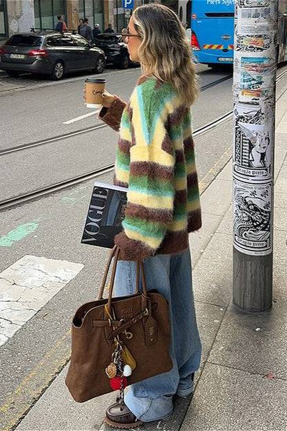 Slouchy Colorful Striped Crewneck Loose Knit Sweater