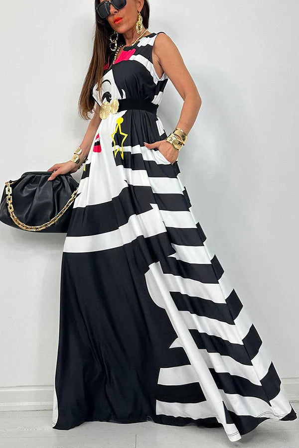 Mexican Tribal Style Unique Print Pocketed A-line Loose Maxi Dress