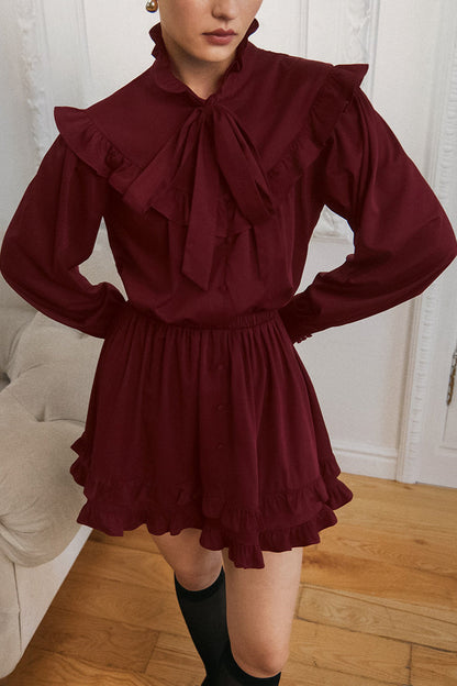 Bow Tie Ruffle Neck Long Sleeve Button Front Ruffled Hem Mini Dress