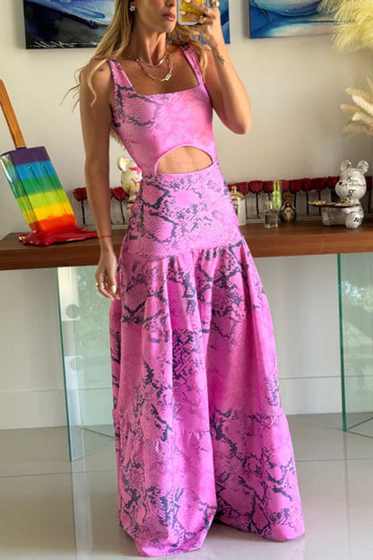 Reema Unique Animal Print Wide Strap Cutout Waist Maxi Dress