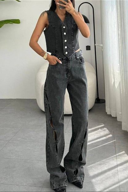 Vintage Distressed Cutout Straight Jeans