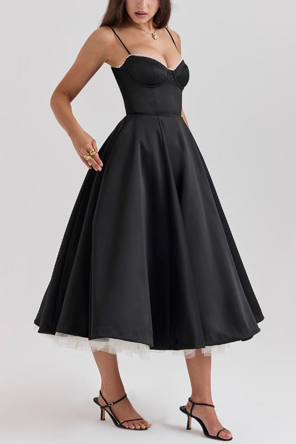 Lace Trim Sweetheart Corset Bodice Tulle Petticoat Fit and Flare Midi Dress
