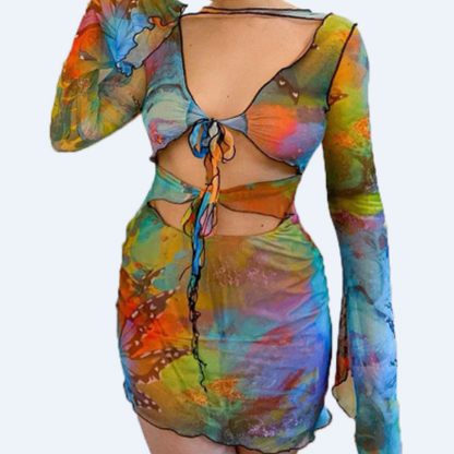 Long sleeve ruffle contrast hollow out self tie cut out mini dress