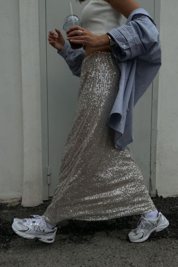 High Waist Sparkle Floor Length Sequin Skirt