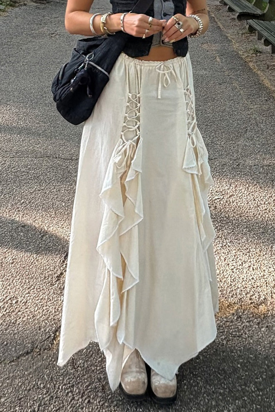 Ruffled Asymmetrical Midi Skirt