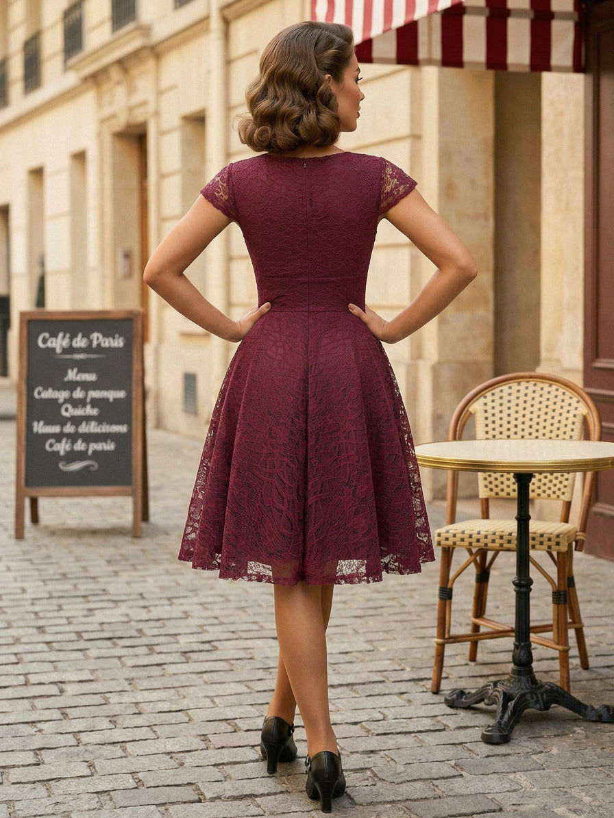 Vintage 1950s Midi Lace Dress for Women - V Neck Cap Sleeve A-line Cocktail Prom Gown - Wedding Guest Wear 2026