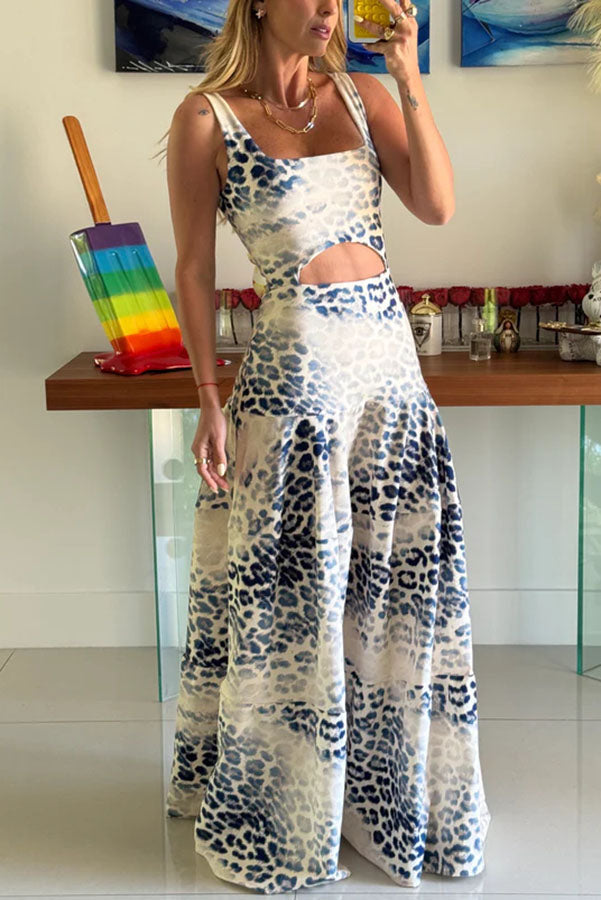 Reema Unique Animal Print Wide Strap Cutout Waist Maxi Dress