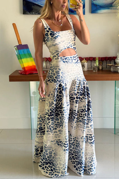 Reema Unique Animal Print Wide Strap Cutout Waist Maxi Dress