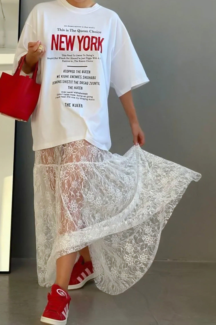 Floral Lace Sheer High-Waist A-Line Skirt