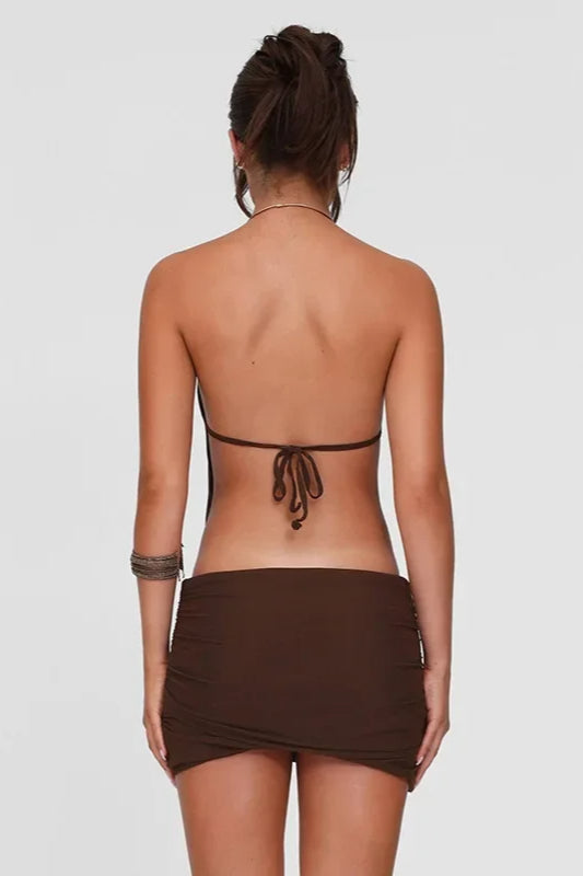 Halter Neck Metal Ring Draped Blouson Top Ruched Wrap Hem Mini Skirt Set