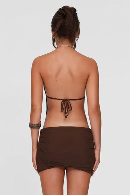 Halter Neck Metal Ring Draped Blouson Top Ruched Wrap Hem Mini Skirt Set