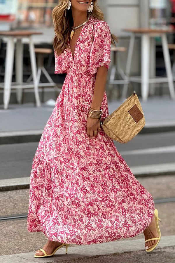 Red floral V-neck leisure holiday dress