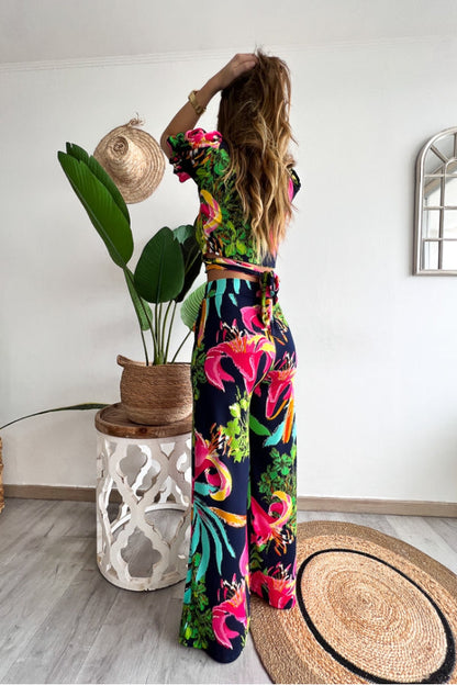 Floral Print V Neck Short Sleeves Crop Top Elastic Waist Wide Leg Pants Set