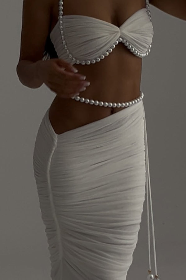 Imalia Stretch Mesh Pearl Trim Gathered Tank and  Detachable Belt Vacation Maxi Skirt Set