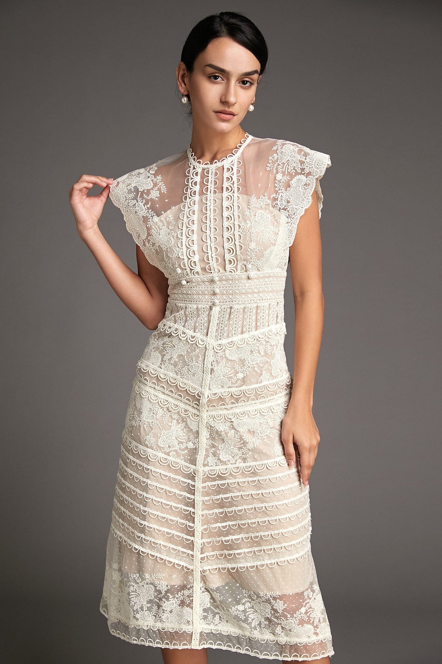 Lydia Flower Embroidered Mesh Midi Dress