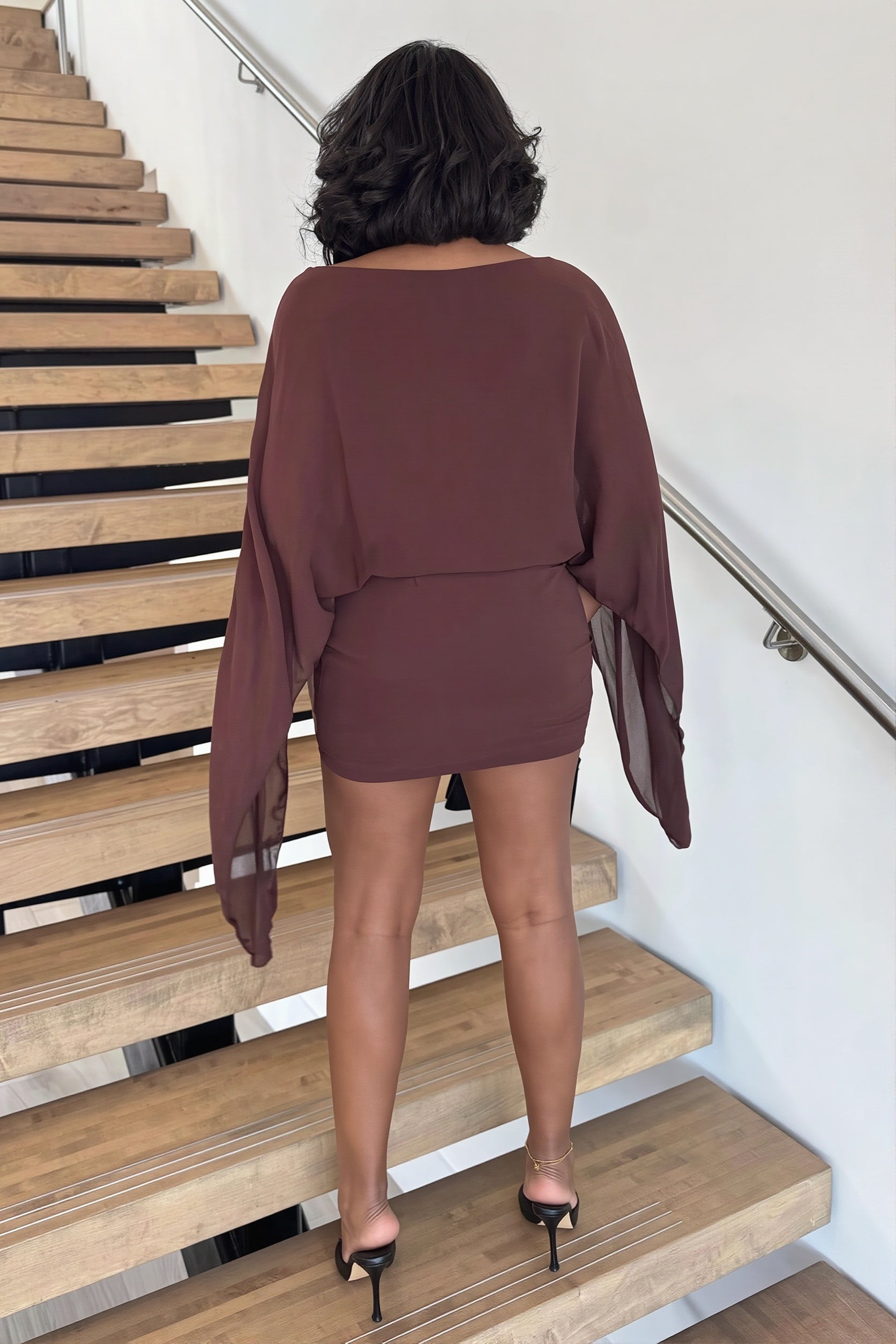 Boat Neck Sheer Batwing Cape Sleeve Draped Blouson Bodycon Mini Dress