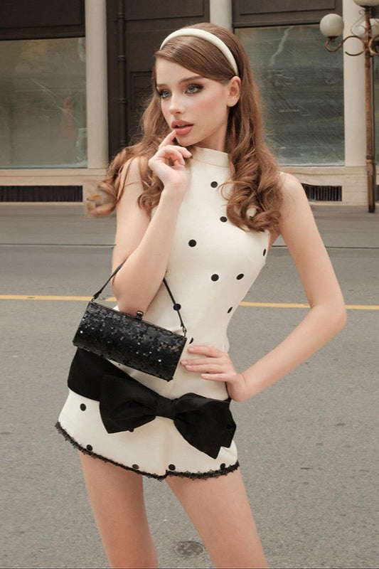 Mock Neck Polka Dot Oversized Bow Waist Lace Trim Bodycon Mini Dress