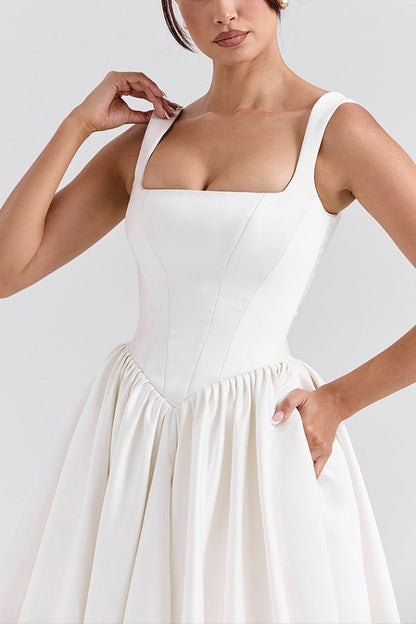 Square Neck Corset Basque Waist Wide Strap Ball Gown Maxi Dress