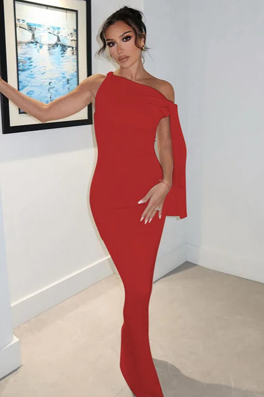 Boat Neck One-Shoulder Draped Sash Column Maxi Dress