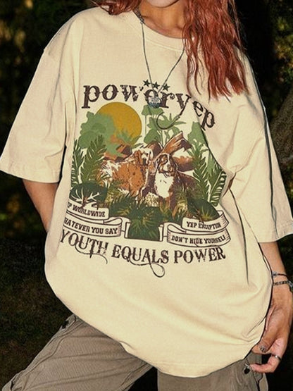 Vintage Dog Print Half Sleeve Oversized Short Sleeve Tee