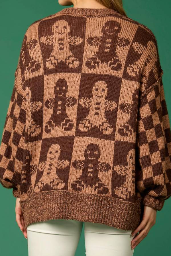 Christmas Gingerbread Man Round Neck Long Sleeve Loose Knit Sweater