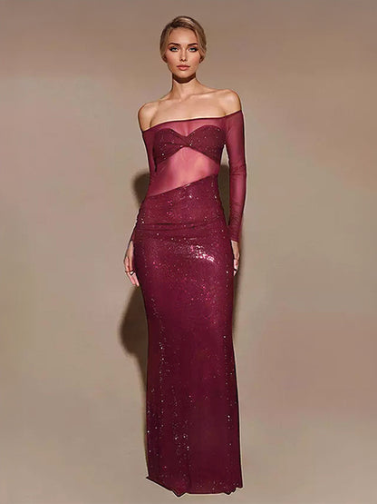 Sheer Bodycon Long Dress with Asymmetrical Cut Off-Shoulder Long Sleeve Sexy Club Dress For Women 2026