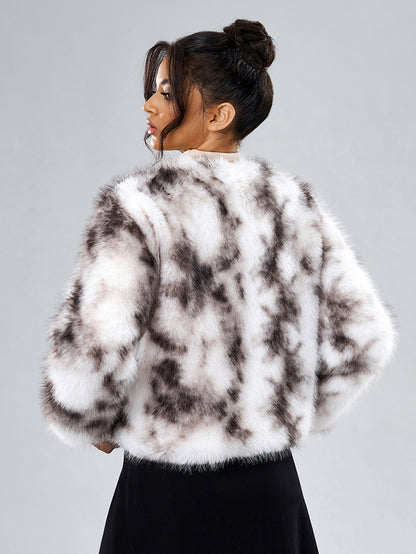 Faux Fur Coats Long Sleeves Casual Faux Fur Jacket Jewel Neck White Women Coat