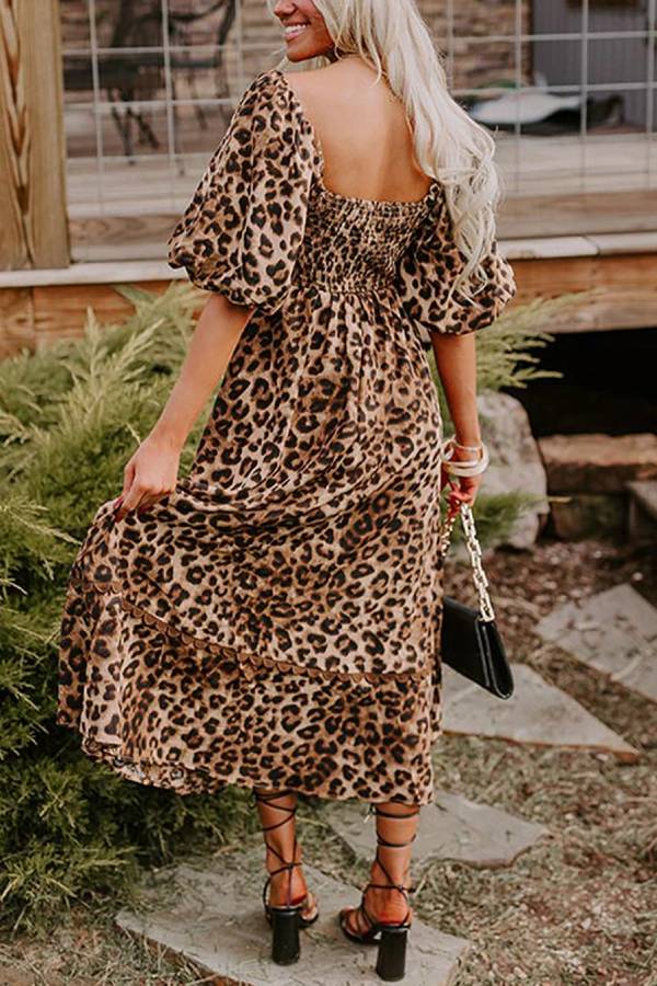 Brown Leopard Print Puff Sleeve Ricrac Maxi Dress