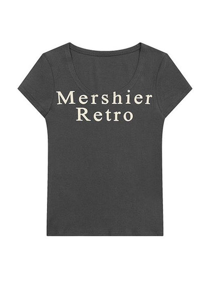 U Neck Letter Print Slim Short Sleeve Knit