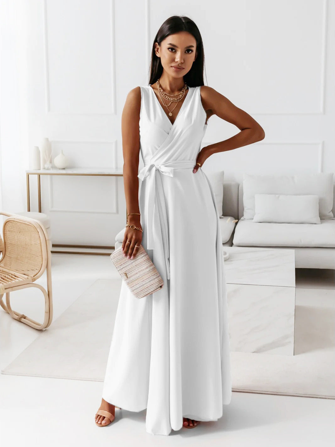 Soft Pink V-Neck Dresses Lace Up Sleeveless Layered Prom Maxi Dress 2026