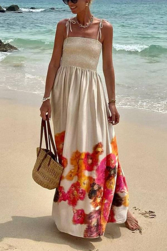 Hidden Garden Satin Floral Print Smocked Tie-up Shoulder Maxi Dress