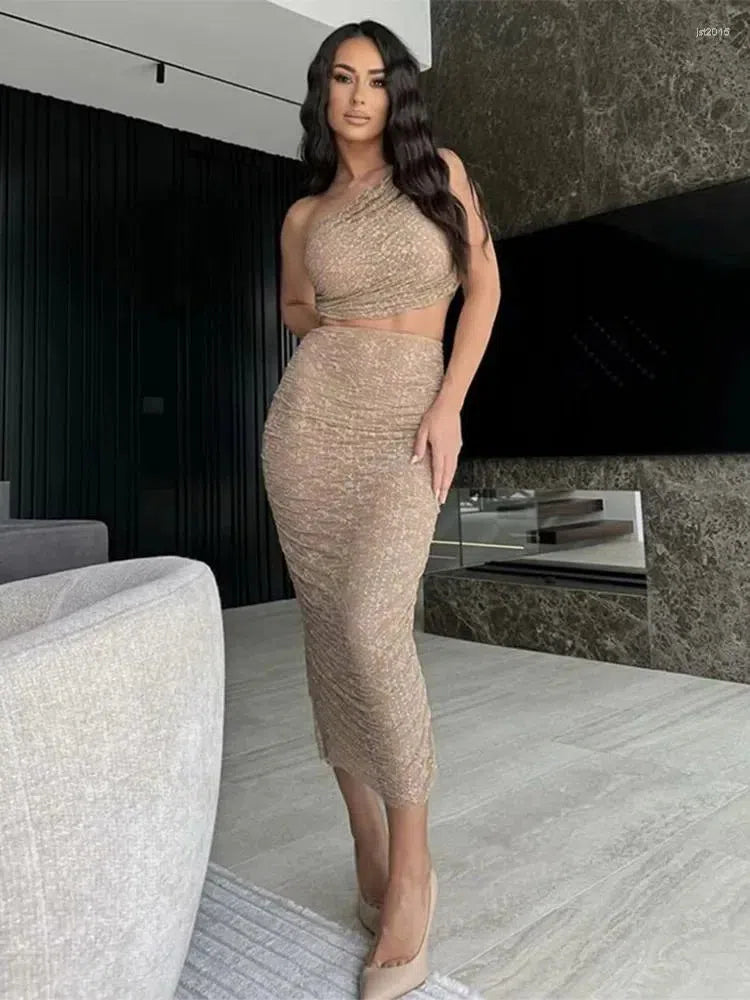 Rhinestone Ruched Long Skirt & One Shoulder Top Coord Set