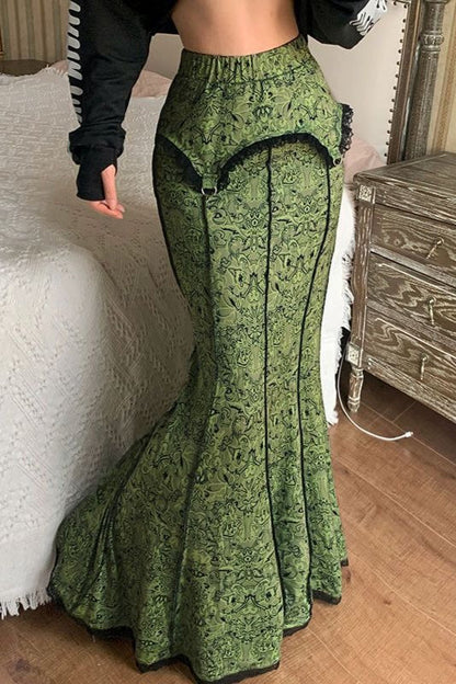 Lace Color Block Low Rise Mermaid Maxi Skirt