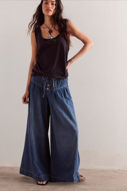 Ruched Mid-Rise Tie Waist Wide Leg Jean