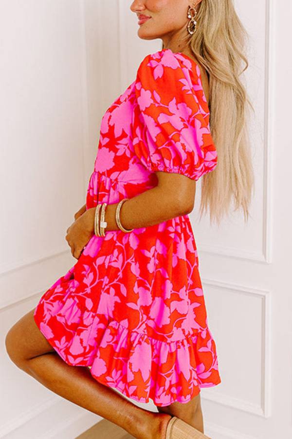 Red Floral Bubble Sleeve Sweetheart Neck Ruffled Mini Dress