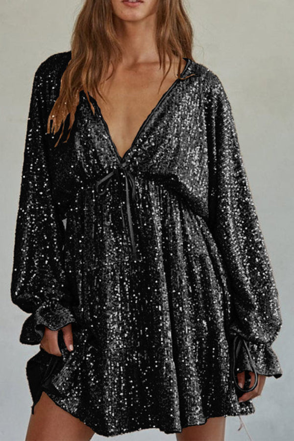 V Neck Balloon Sleeves Backless Drawstring Sequin Dress
