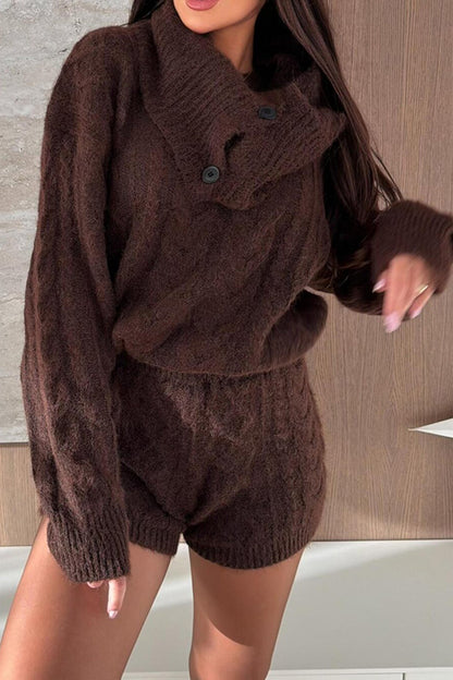 Diviano Cabble Knit Button Scarf Long Sleeve Sweater and Stretch Mini Shorts Set(3 Pieces)