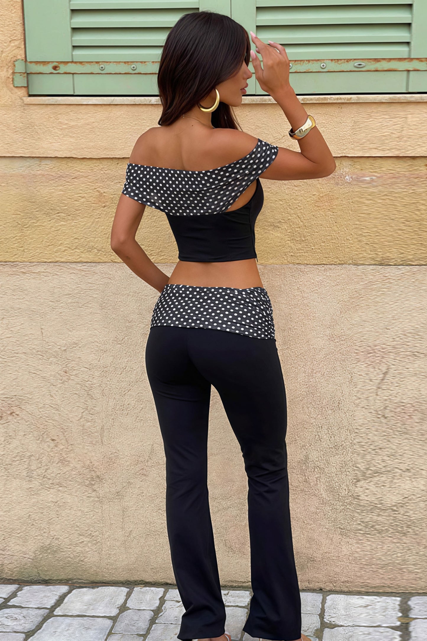 Waist Cuffed Polka Dot Flare Off Shoulder Two Piece Set