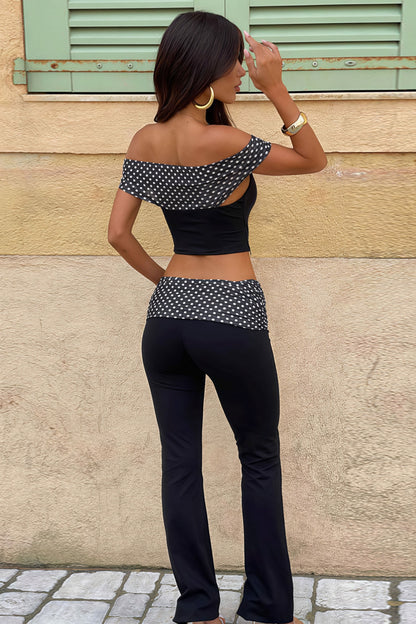 Waist Cuffed Polka Dot Flare Off Shoulder Two Piece Set